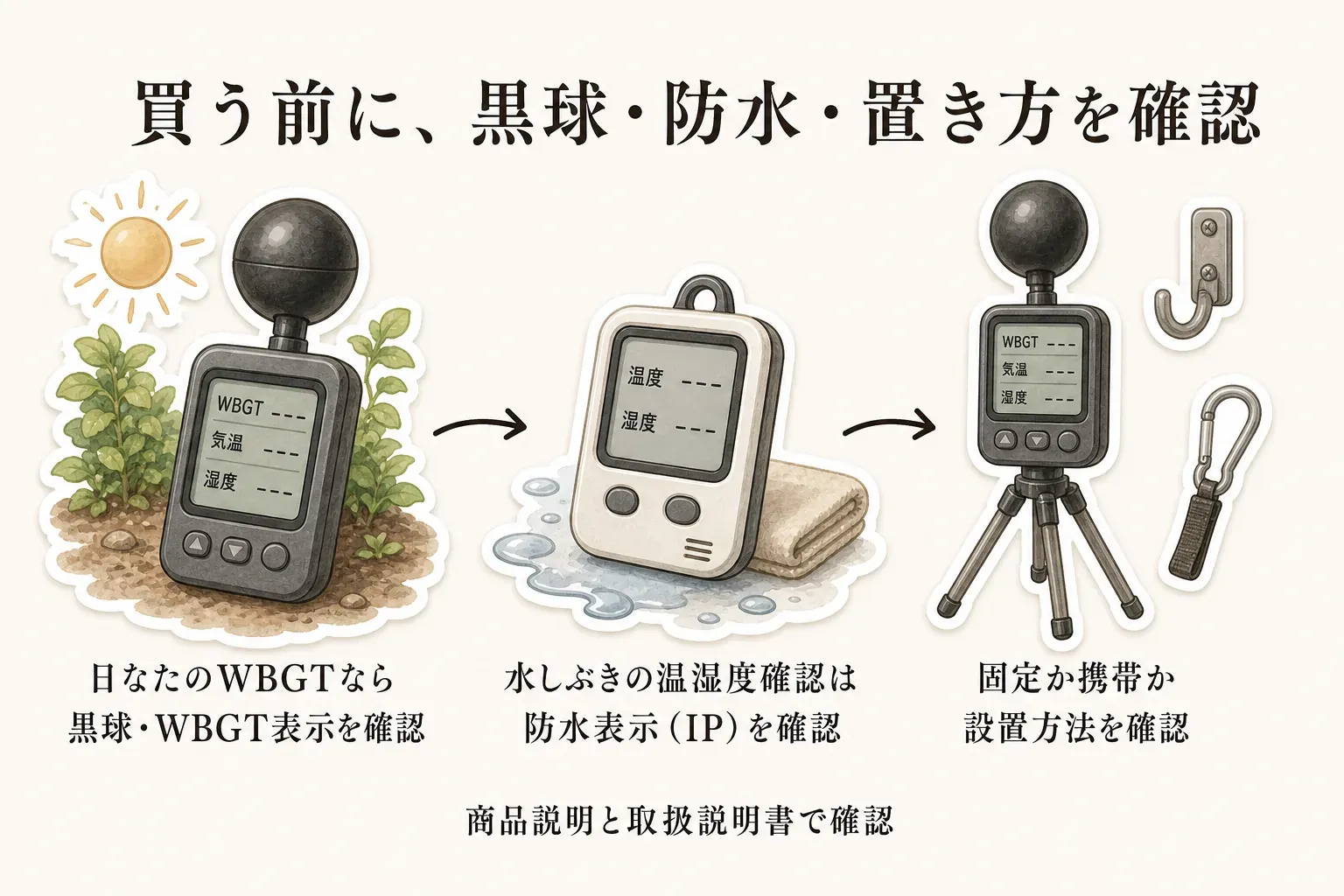 購入前の確認順として、日なたのWBGTを測るなら黒球とWBGT表示を確認し、水しぶきのある場所で温湿度を確認するなら防水表示（IP）を確認し、最後に黒球式WBGT計を固定するか携帯するか設置方法を確認する流れを示す図。商品説明と取扱説明書で確認することを示す。