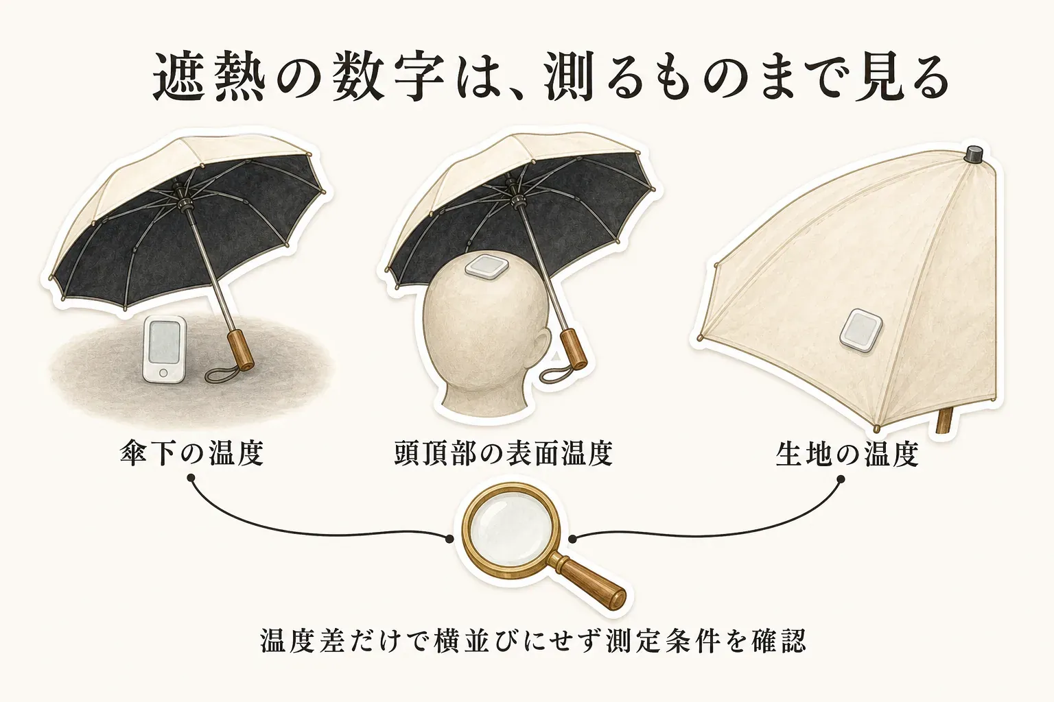 遮熱の数字を読む際に、日傘の下に置いた温度計で傘下の温度、頭の上の日傘と温度計で頭頂部の表面温度、傘生地に置いた温度計で生地の温度を測る対象として分け、温度差だけで横並びにせず測定条件を確認することを示す図。