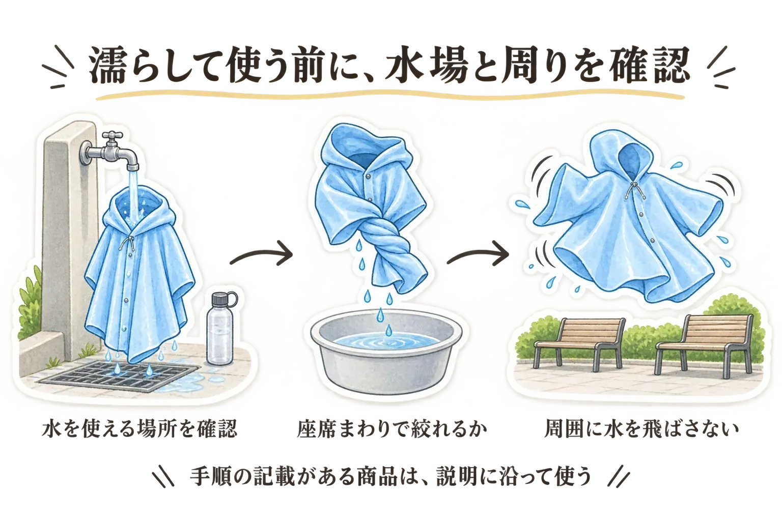 濡らして使う冷感ポンチョについて、水を使える場所を確認し、座席まわりで軽く絞れるかを確かめ、周囲へ水を飛ばさずに振る流れを、水道・ポンチョ・ベンチのイラストで示す図。手順の記載がある商品は説明に沿って使うことを示す。