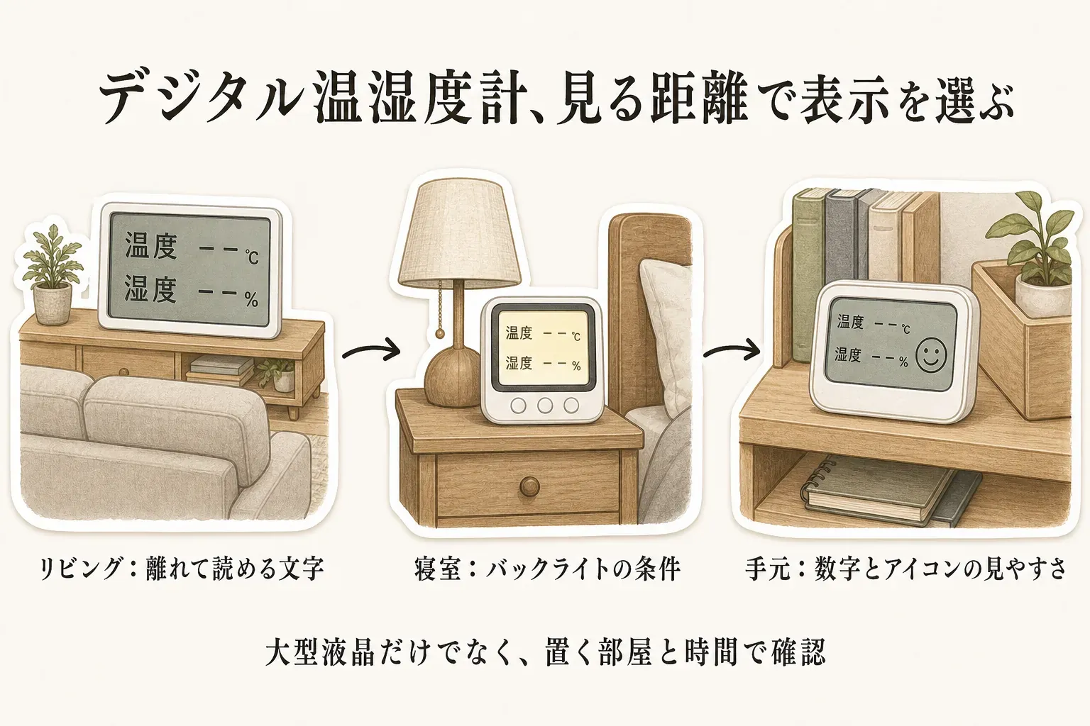 デジタル温湿度計を、リビングでは離れたソファから大きな文字で、寝室ではベッド脇でバックライトの条件を、手元では数字と快適度アイコンの見やすさを確認する3場面の図。大型液晶だけでなく、置く部屋と見る時間で選ぶことを示す。