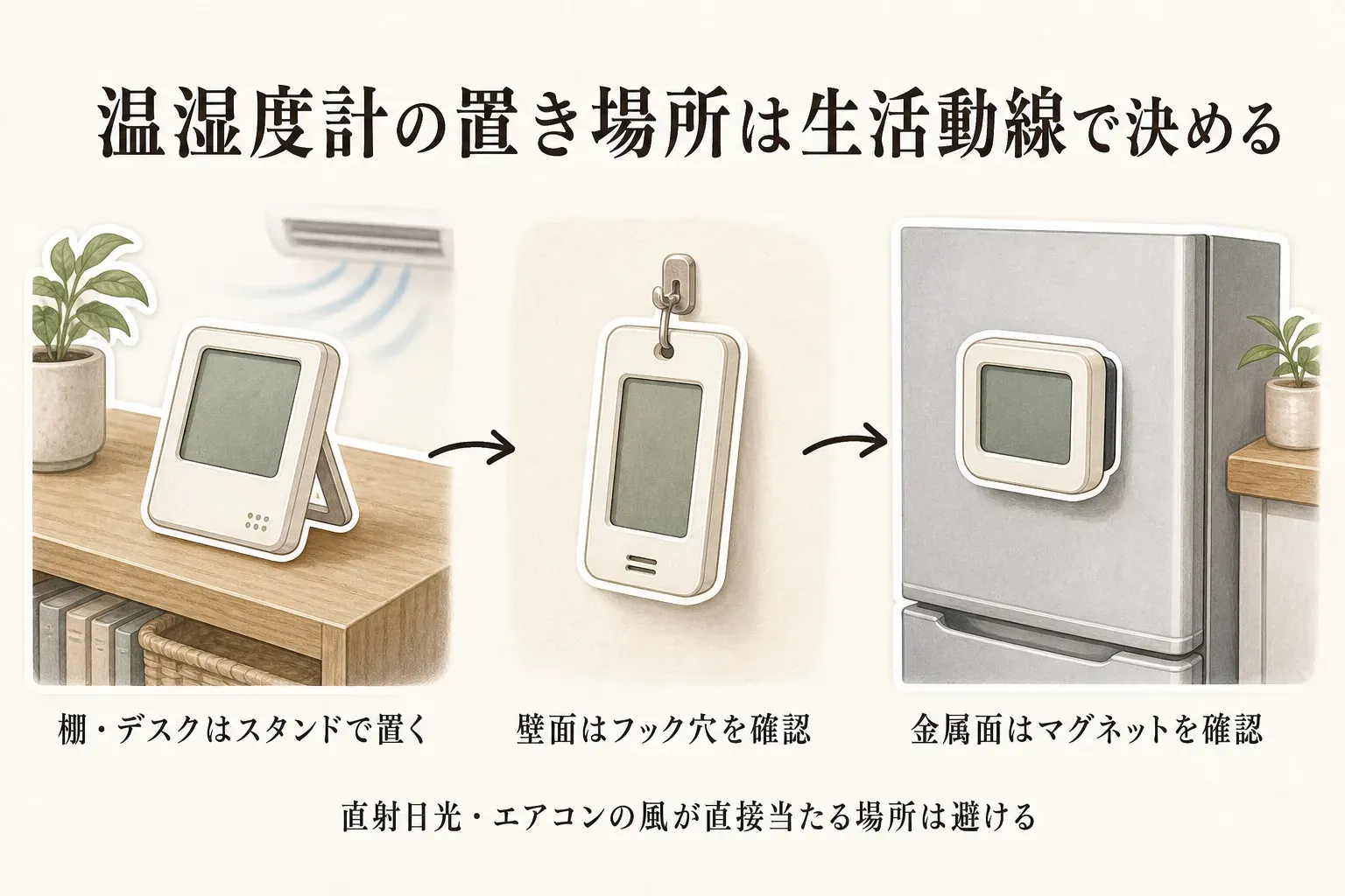温湿度計を棚・デスクではスタンドで置き、壁面ではフック穴を確認して掛け、冷蔵庫などの金属面ではマグネットで取り付ける方法を並べた図。直射日光とエアコンの風が直接当たる場所は避けることを示す。