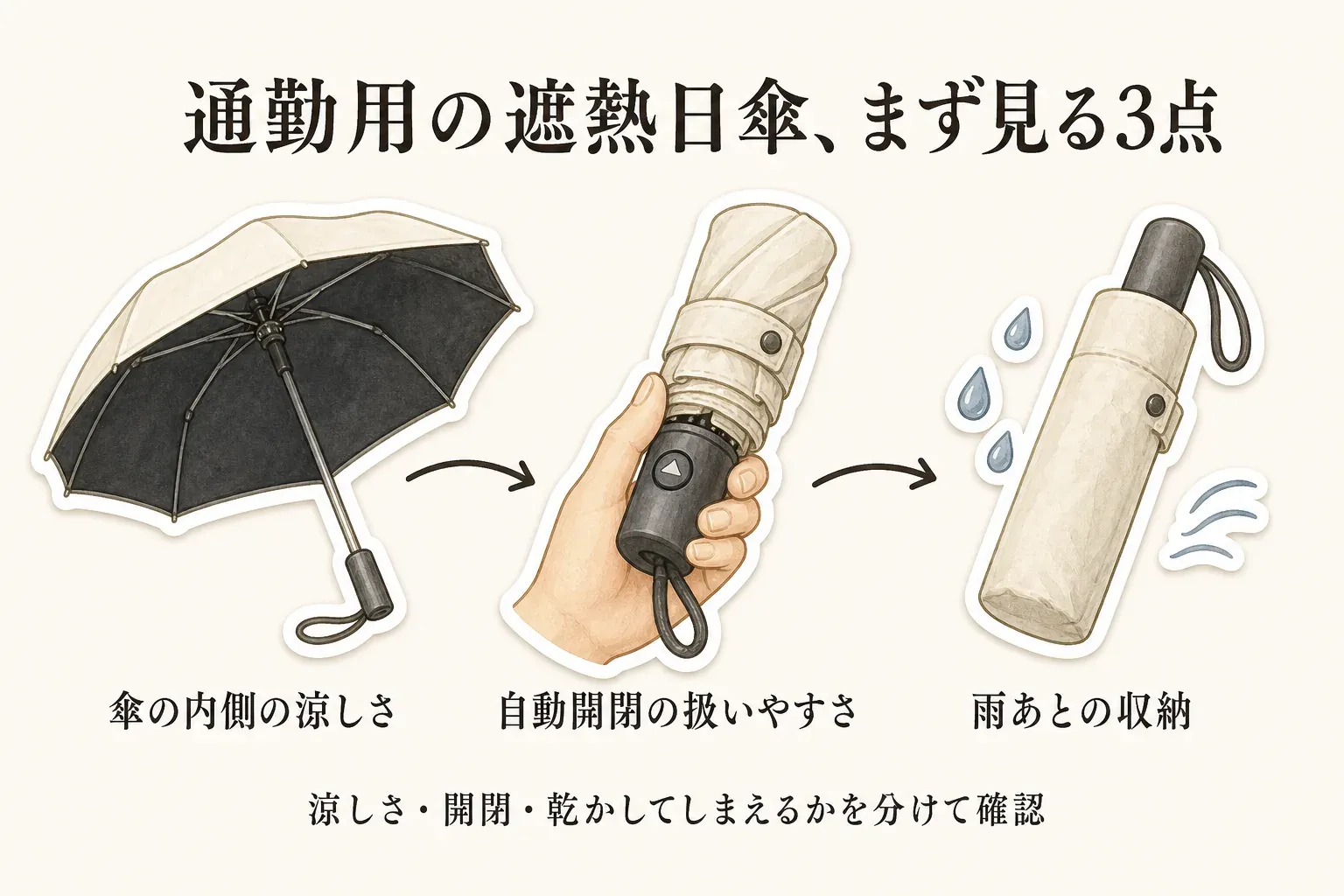 通勤用の遮熱日傘でまず確認する3点として、傘の内側の涼しさ、自動開閉の扱いやすさ、雨あとの収納を、開いた日傘、ボタンで閉じる折りたたみ傘、水滴の付いた収納ケースで示す図。記事本文をもとに作成。