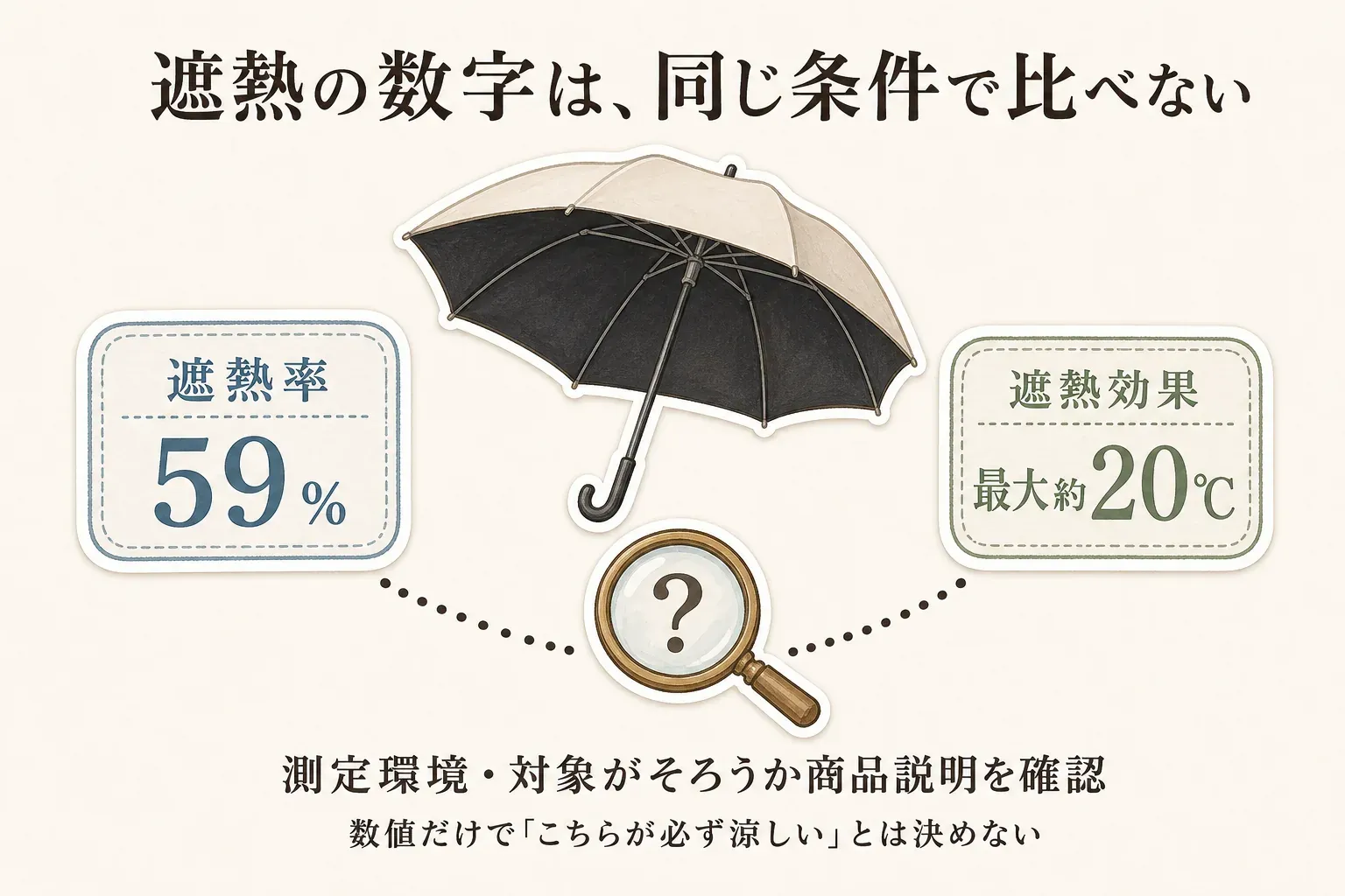 遮熱率59％と遮熱効果最大約20℃の表示を並べ、測定環境や対象がそろうか商品説明で確認し、数値だけでどちらが必ず涼しいか決めないことを虫眼鏡と日傘で示す図。記事本文をもとに作成。