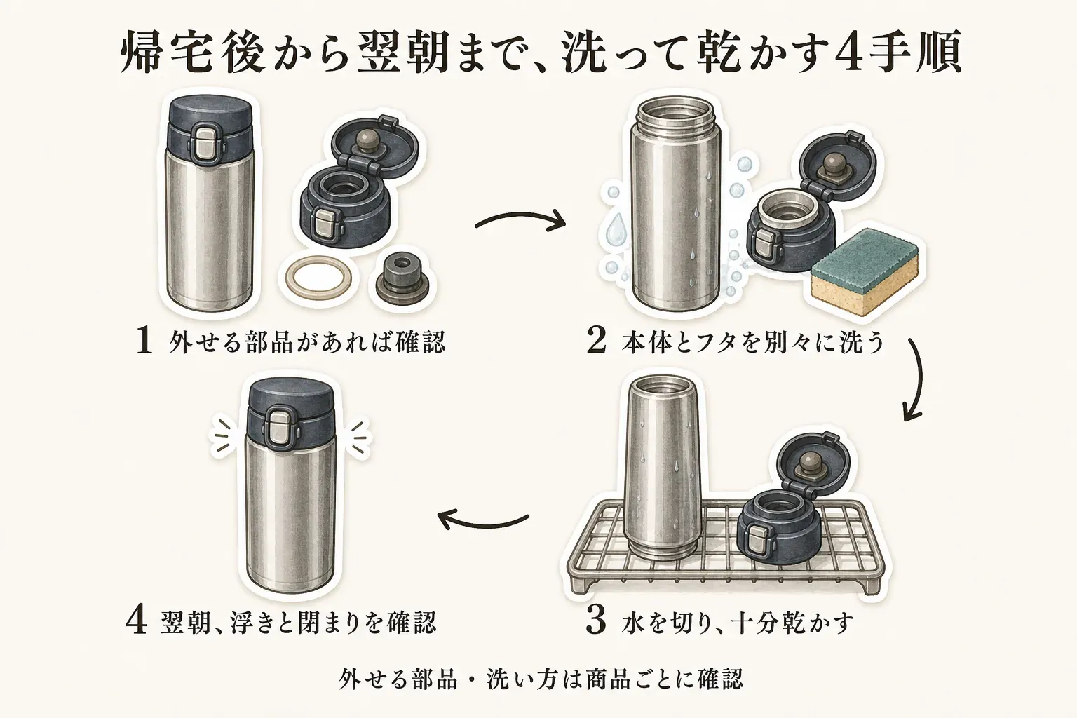 帰宅後から翌朝までの保冷ボトルを洗って乾かす4手順の図。外せる部品を確認し、本体とフタを別々に洗い、水を切って十分に乾かし、翌朝にパッキンの浮きとフタの閉まりを確認する流れを示す。外せる部品と洗い方は商品ごとに確認する内容。