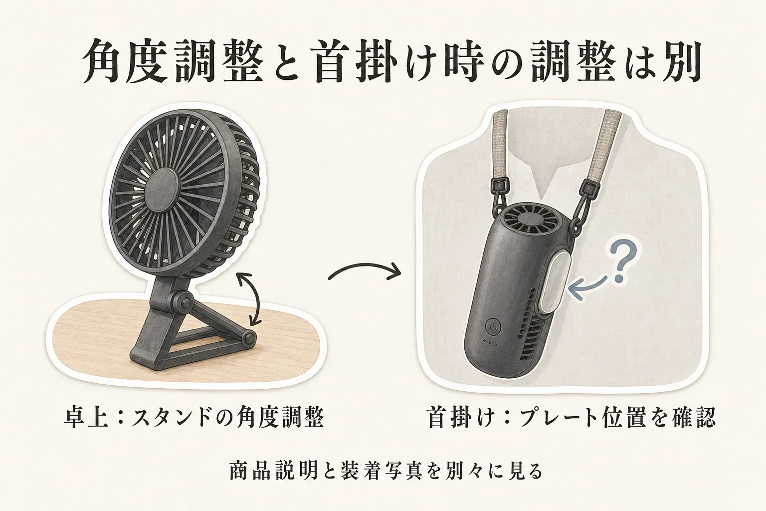 卓上でスタンドの角度を調整できる扇風機と、ストラップで首に掛けた冷却プレート付きファンを並べ、卓上の角度調整と首掛け時のプレート位置の調整は別に確認し、商品説明と装着写真を読むことを示す図。