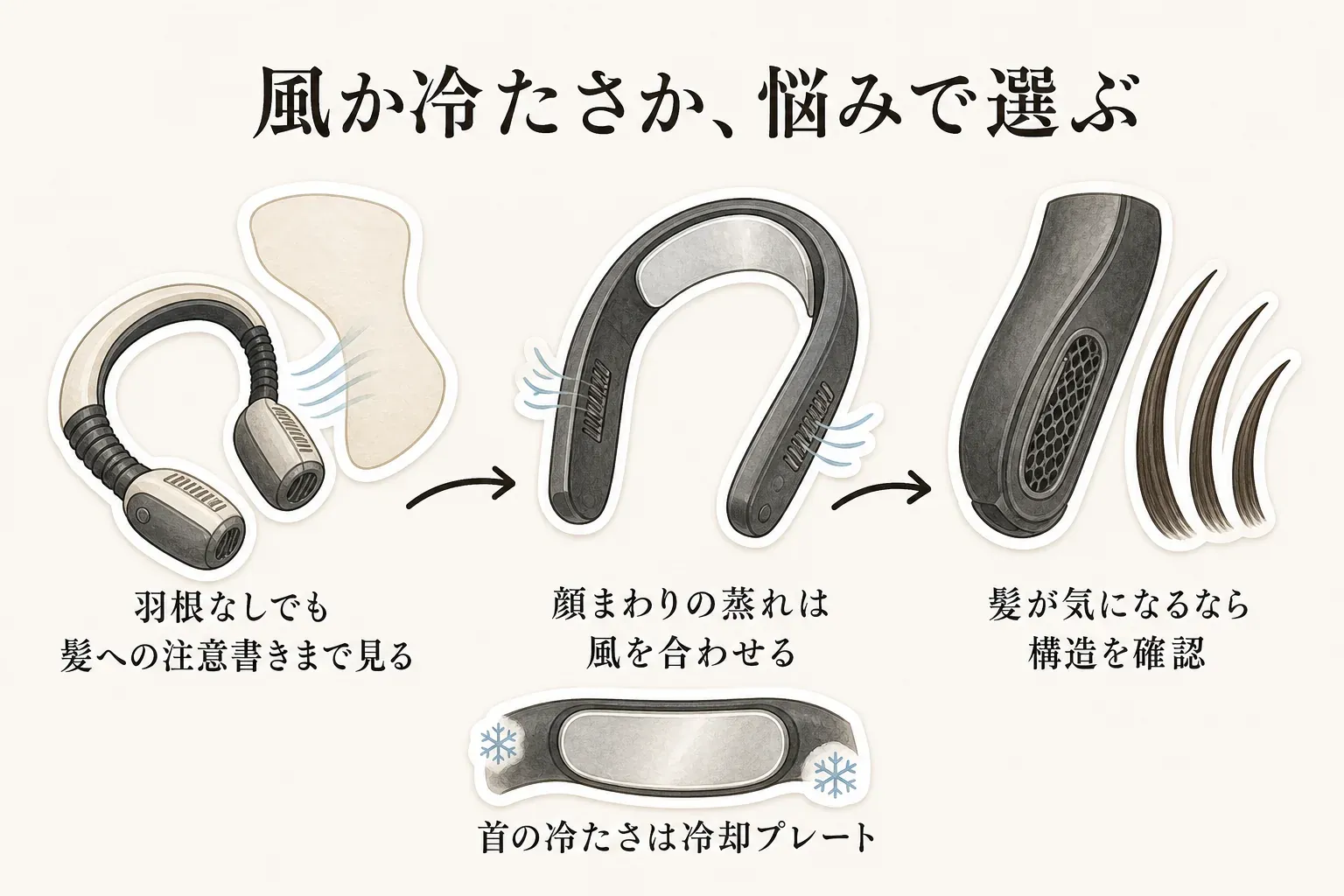 羽根なし首掛け扇風機は顔まわりの蒸れに合わせて風向きを調整し、首に冷たさが欲しいときは冷却プレート付きネッククーラーを選ぶこと、髪が気になるときは羽根なしでも構造と注意書きを確認することを、首掛け機器・風・冷却プレート・髪で示す図。記事本文をもとに作成。