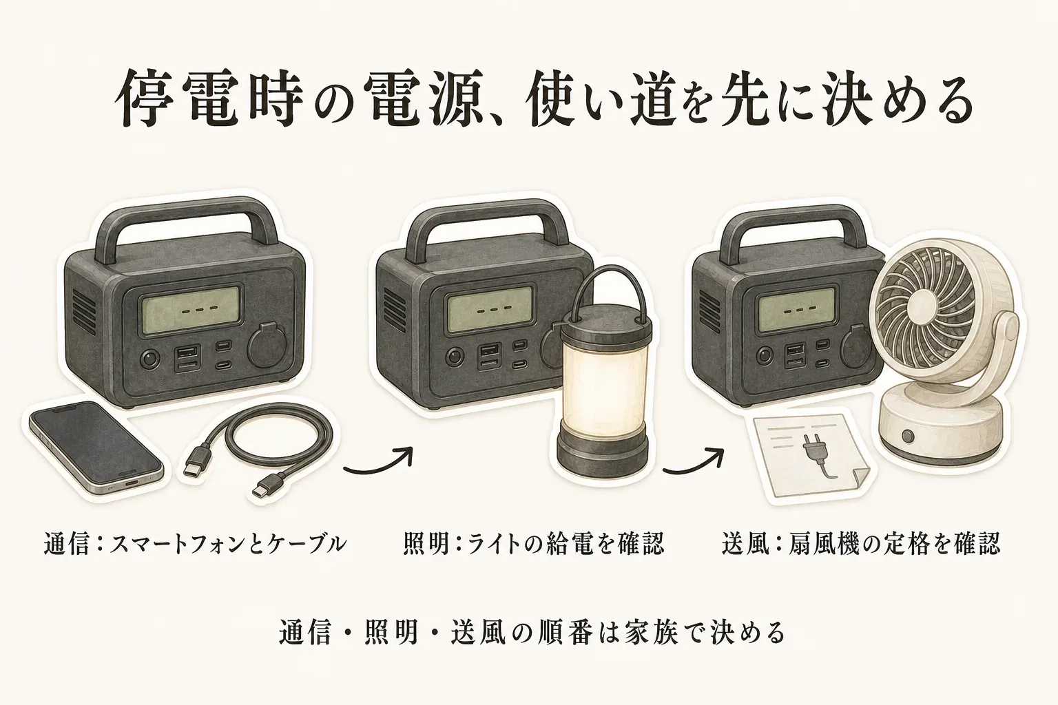 停電時の電源の使い道を、ポータブル電源につないだスマートフォンとケーブルによる通信、ライトによる照明、扇風機による送風の順に示す図。通信・照明・送風の優先順位は家族で決め、扇風機は定格も確認することを表している。