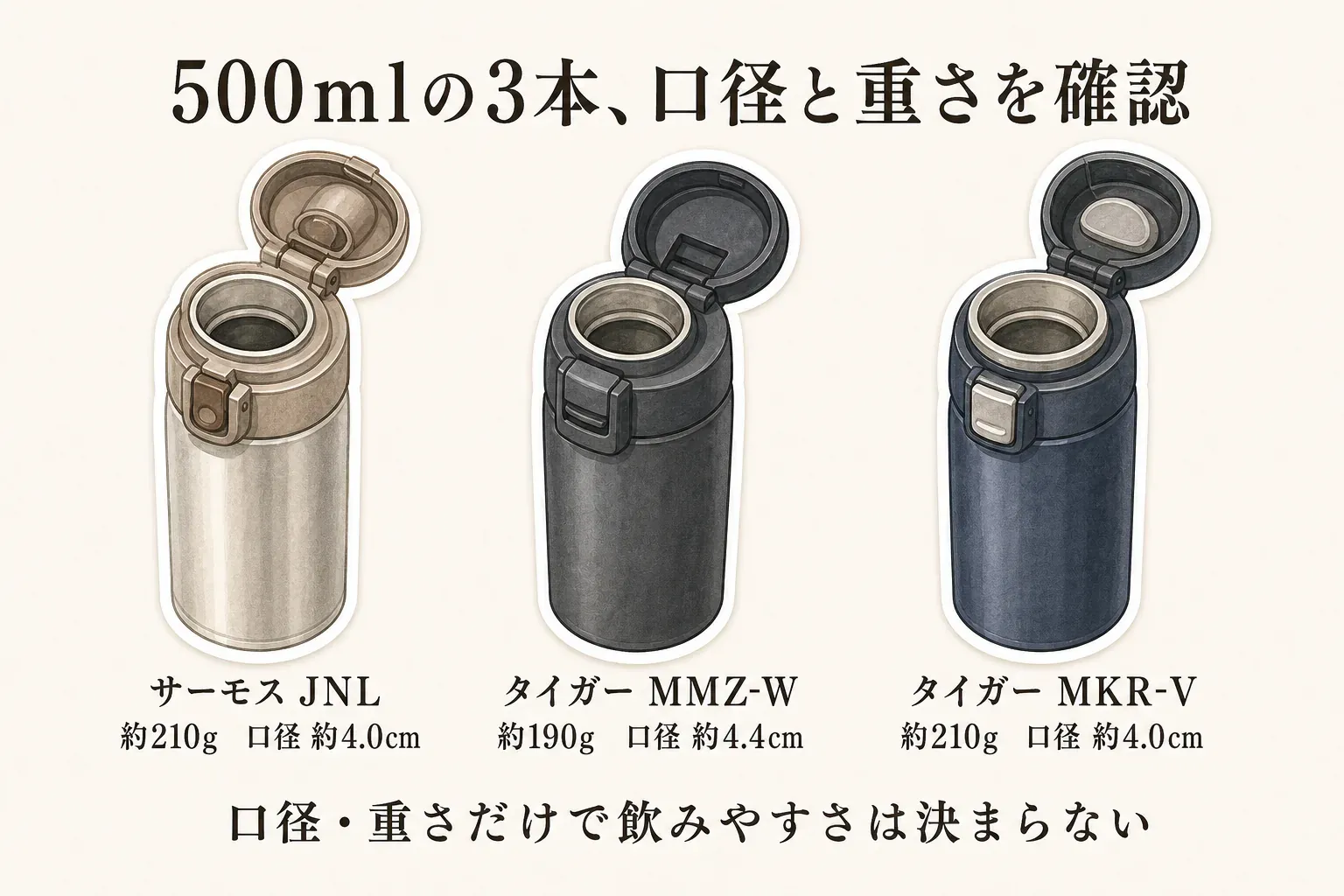 500mlのサーモス JNL、タイガー MMZ-W、タイガー MKR-Vを並べ、サーモス JNLは約210g・口径約4.0cm、タイガー MMZ-Wは約190g・口径約4.4cm、タイガー MKR-Vは約210g・口径約4.0cmと示す比較図。口径と重さだけで飲みやすさは決まらないことを示す。