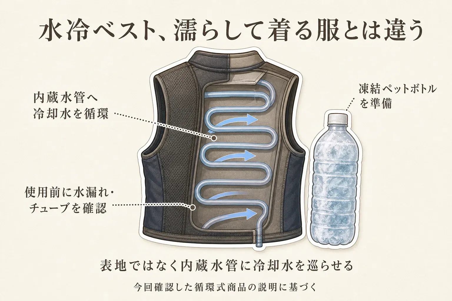 水冷ベストは表地を濡らすのではなく、内蔵水管に冷却水を循環させる仕組みをベストの断面と矢印で示し、凍結ペットボトルの準備、使用前の水漏れ・チューブ確認が必要なことを示す図。今回確認した循環式商品の説明に基づく。