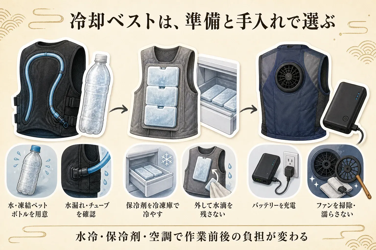 水冷ベストは水・凍結ペットボトルの準備と水漏れ確認、保冷剤ベストは保冷剤を冷凍して取り外し乾かす手入れ、空調ベストはバッテリーを充電してファンを掃除する手入れを、3種類のベストと関連する道具で示す図。記事本文をもとに作成。